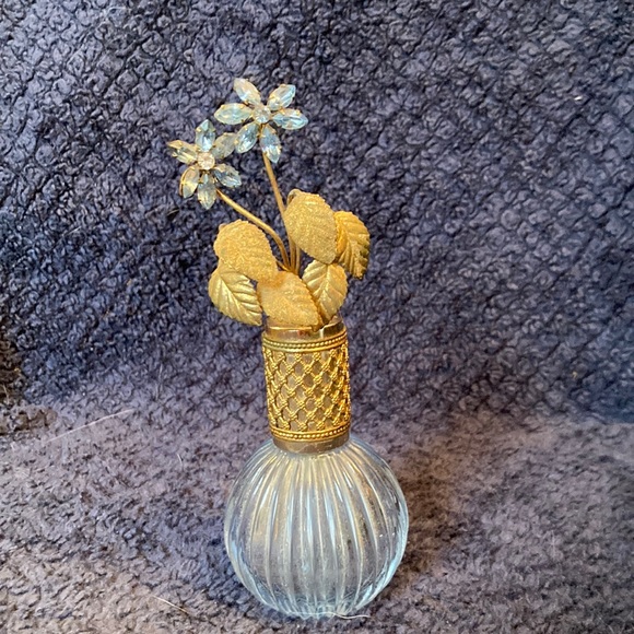 Vintage Perfume Bottle Blue Glass Filigree with Rhinestone Flower - Picture 1 of 6